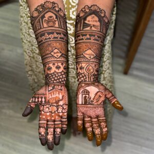 Elbow-Length Bridal Mehandi with Peacocks, Musical Instruments, Royal Elephants Mehandi Design