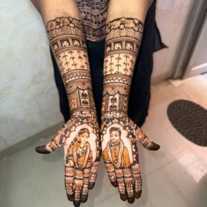 Royal Elephants, Bride & Groom Portraits, Dhol & Shehnai Motifs, Personalized Name Art + Leg Designs Traditional Bridal Mehandi Design