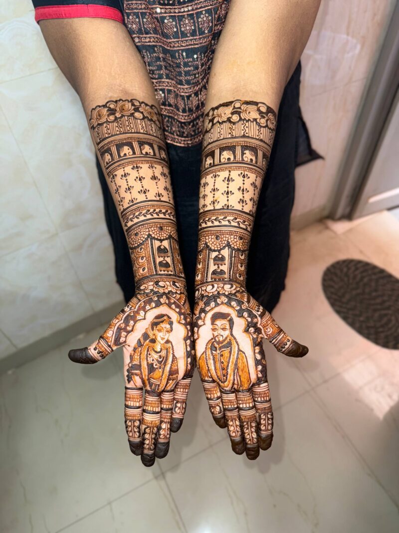 photo_2025-08-08_18-49-15 Royal Elephants, Bride & Groom Portraits, Dhol & Shehnai Motifs, Personalized Name Art + Leg Designs Traditional Bridal Mehandi Design