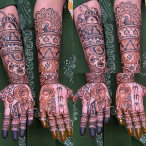 Elbow-Length Bridal Mehandi with Lord Shiva & Parvati, Peacocks, Musical Instruments & Matching Leg Designs Premium Mehandi Design